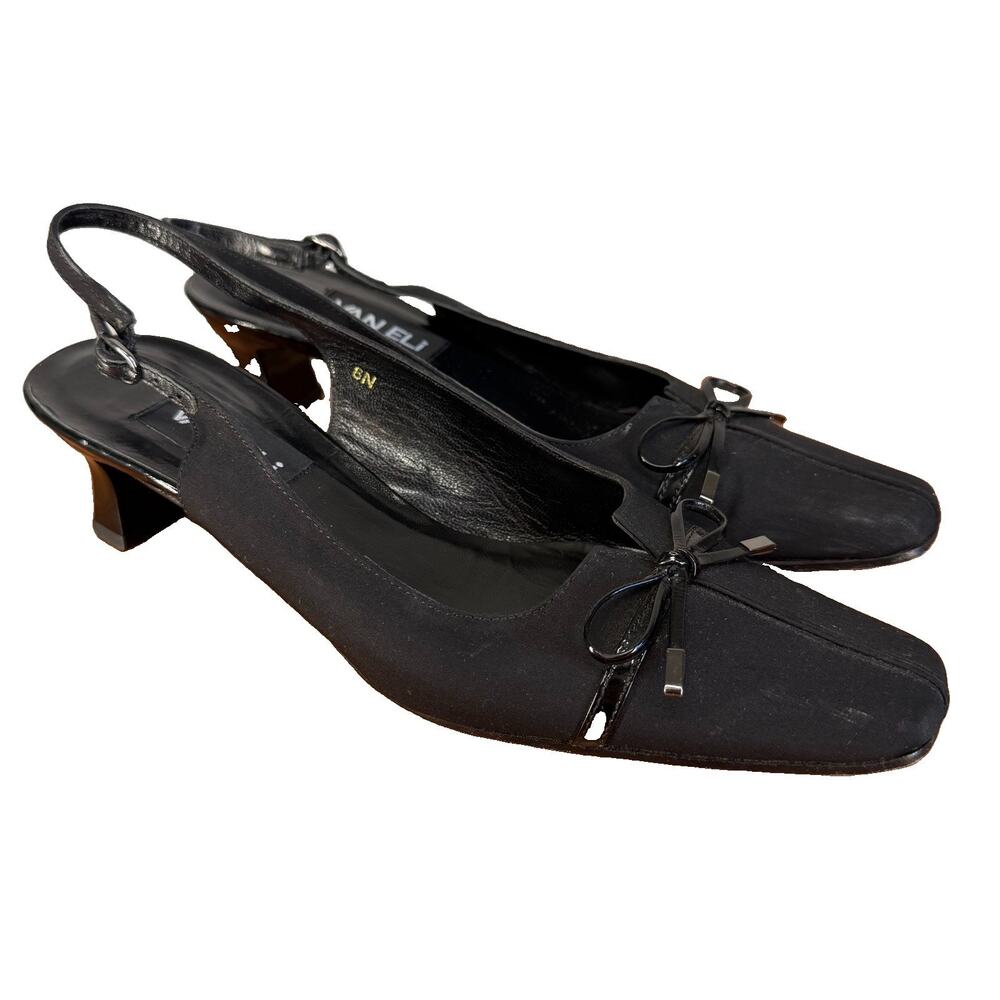 Vaneli Heels Womens 8N Black Leather Vintage Kitten Heel Bow Slingback Narrow